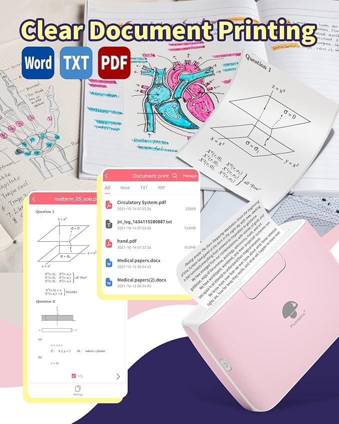 Phomemo 4" Portable Thermal Printer Printpods- Bluetooth Inkless Printer, Support 2/3/4 inch Printing Width, 300dpi, Compatible with Phones, Computer, Ideal for Documents, Notes, Label, Sticker