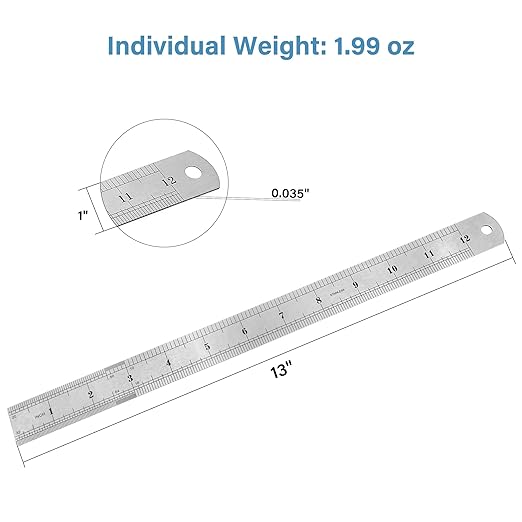 12 Inch Stainless Steel Ruler with Metric and Imperial Scales, Straight Edge Metal Ruler for Measuring Tools, 2-Pack