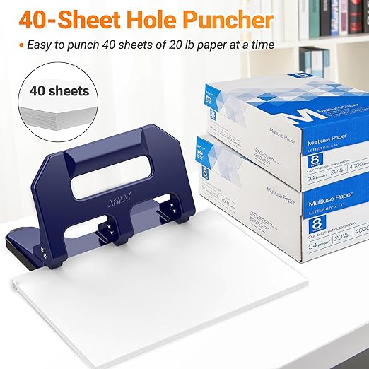 AFMAT HPX1 Heavy Duty 3 Hole Punch, 3 Hole Puncher for Binder, 40-Sheet Three Hole Punch w/ 10000+ Uses, Metal Hole Puncher 3 Ring, 50% Reduced Effort, Bulit-in S.S. Paper Guide (Blue)