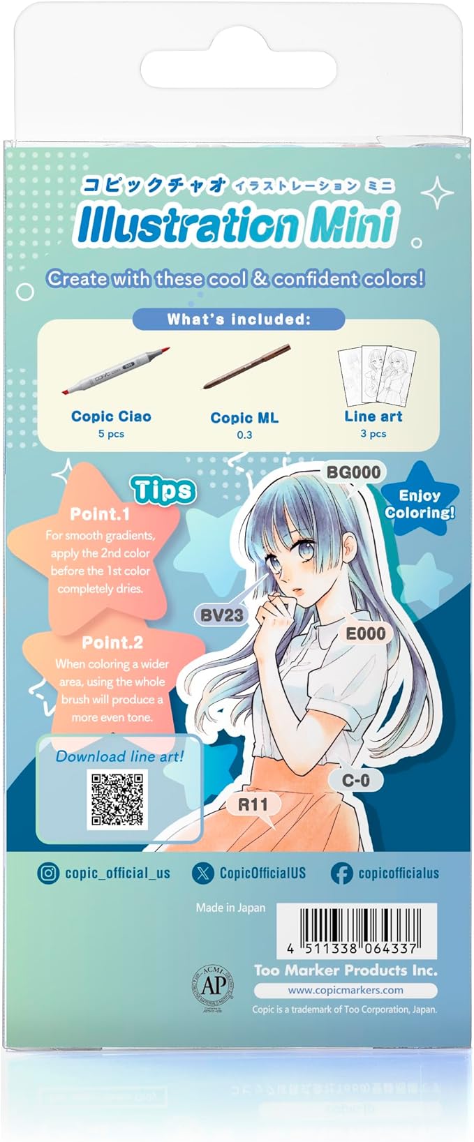 Copic Ciao Illustration Mini Cool Set, 5 Alcohol-markers + 1 Multiliner drawing pen