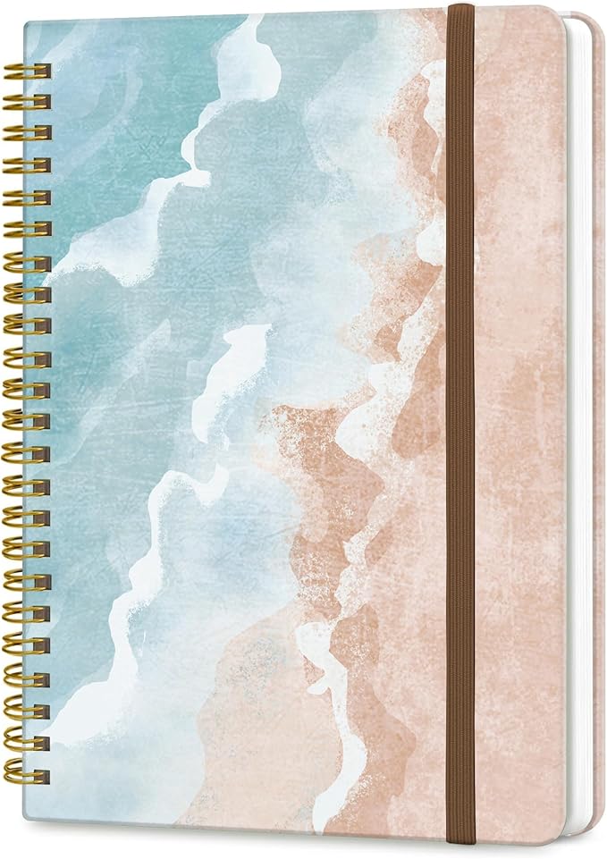 Spiral Journal Notebook, A5 Cute Notebooks for Women Men, College Ruled Hardcover Notebook for Work & Note Taking, 60 Pages Double-Wire Journals for Writing, Sandbeach Design