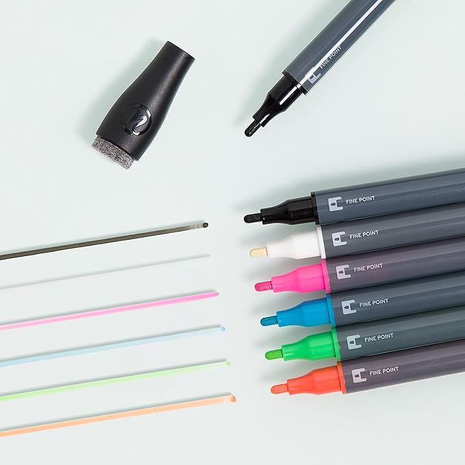 U Brands Fine Tip Liquid Glass Whiteboard Markers with Eraser for Glass Boards, Dry Erase Boards, and Chalk Boards, Assorted Bright Colors, Set of 12