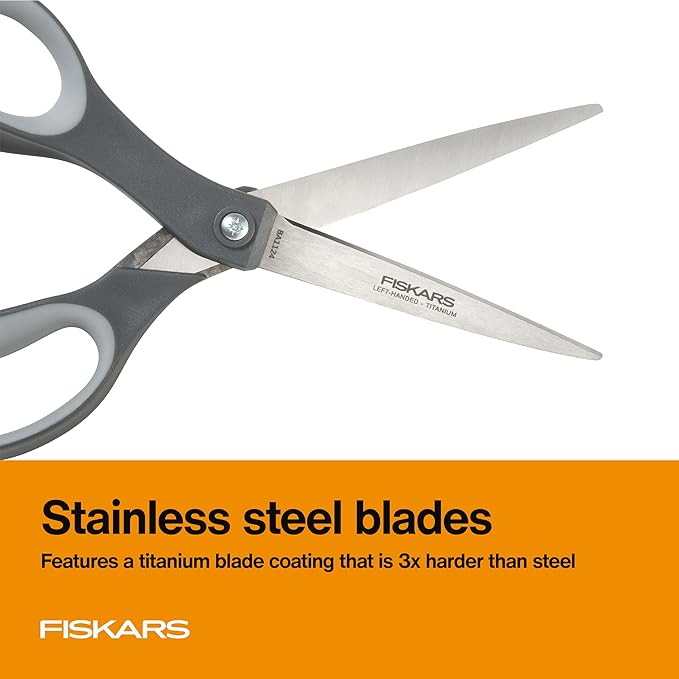 Fiskars 8” Left-Handed Titanium Scissors, SoftGrip Handle for Comfort, Durable Stainless Steel Blades for Home and Office Use