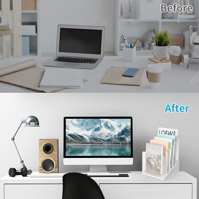 File Organizer for Desk, Desk Organizer with 5-Section Vertical File Rack, File Folder Organizer, Desk Accessories & Workspace Organizers(White)