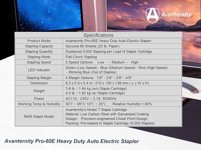 Avanternity's Pro-60E Heavy Duty Auto Electric Stapler (Value Kit + Extra 1 Staple Cartridge Pack) - Secured 60 Sheet Capacity, Includes 35,000 Staples