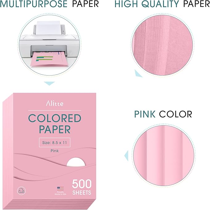 Colored Paper 500-Sheets - Pink Paper, 8.5 x 11 Colored Printer Paper, Arts & Crafts, DIY Projects - School & Office Supplies - Pastel Copy Paper, 1 Ream, Made in the USA
