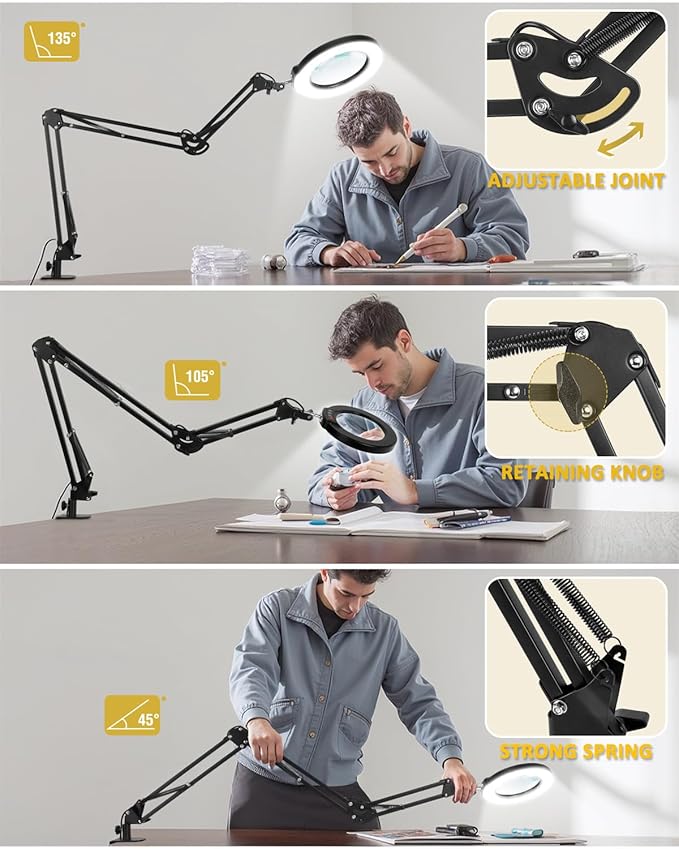 10X Magnifying Glass with Light and Clamp, Ultra Long 3 Section Swing Arm LED Desk Lamp, 5 Color Modes Stepless Dimmable, Hands Free Lighted Magnifier with Stand for Repair Reading Crafting Close Work