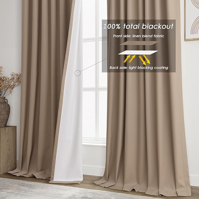 Nanspring Tan Linen Blackout Curtains 84 Inches Long Back Tab Burlap Flax Bedroom Blackout Curtains 2 Panel Sets Rustic Farmhouse Full Light Blocking Thermal Insulated Curtain 84 Inch Length