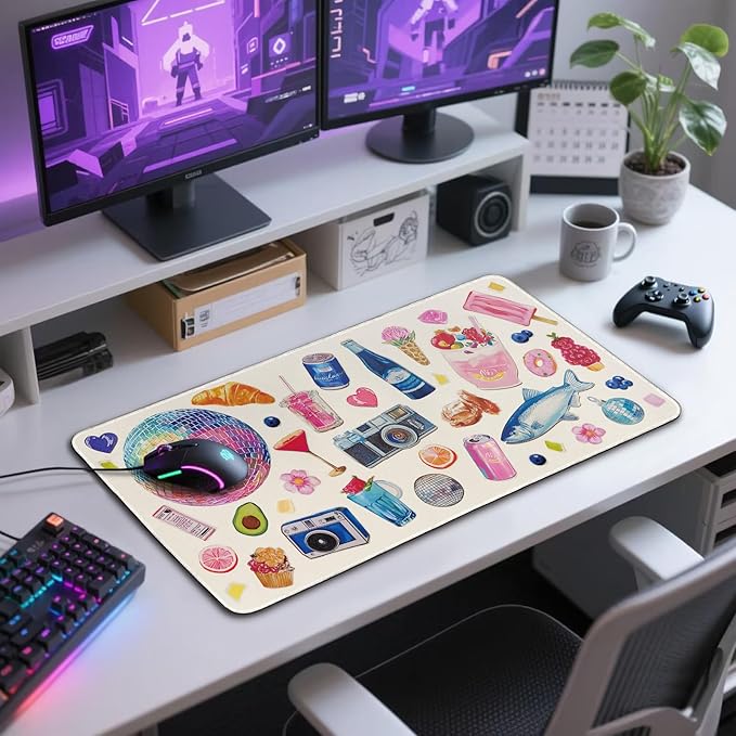 Watercolor Stickers Gaming Mouse Pad 31.5"x15.7"｜XXL Desk Mat, Non-Slip Rubber Base & Stitched Edges - Extended Waterproof Mousepad for PC/Laptop/Office/Home Decor