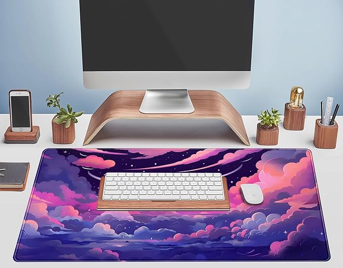 Pastel Pink Purple Clouds Moon Mouse pad Desk Mat, Cute Space Deskmat XXL Large Extended Mousepad Gaming Desk Pad, Big Laptop Computer Keyboard and Mouse Pad Mat for Women Office Decor 31.5x15.7 in
