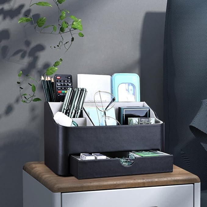 KINGFOM Desk Organizer with Drawer, Multifunction Pencil Holder for Desk, Desk Organizer and Accessories 5 Comparetments for Home Office Supplies (Black)