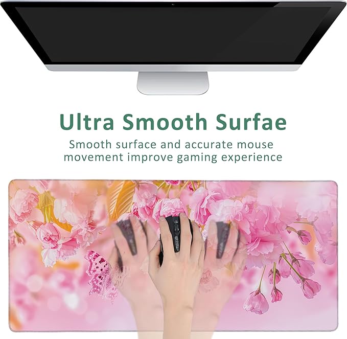 Large Mouse Pad Cherry Blossom Butterfly Extended Gaming Mouse Pad Non-Slip Desk Mat with Stitched Edge Laptop Computer Keyboard Mousepad for Office Home 35.4" x 15.7"