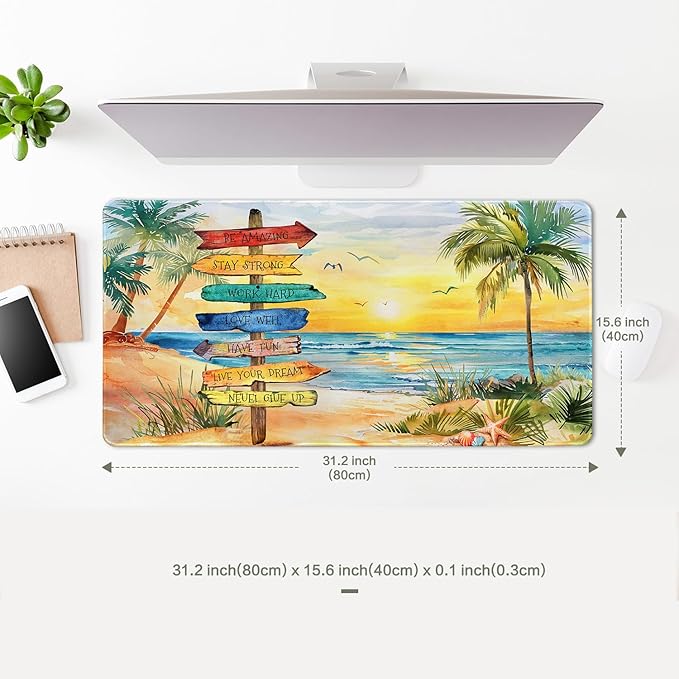 Summer Beach View Mouse Pad Desk Mat Seaside Path Gaming Mouse Pad Anime Desk Pad Mousepad XXL Extended Keyboard Mat, Computer Laptop Mouse Mat for Work, Game, Office, Home, Waterproof, 31.5 x 15.7 in