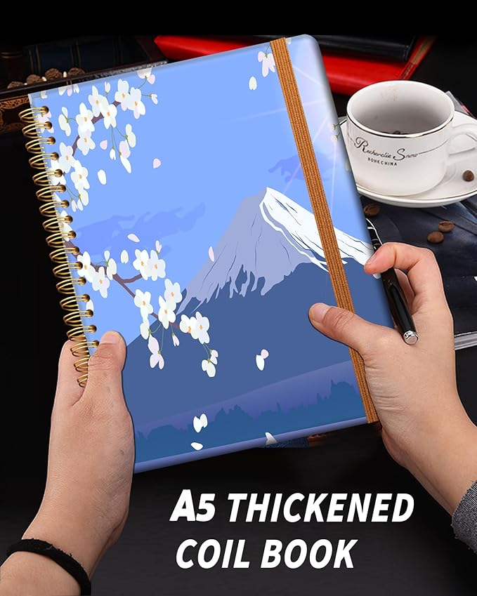 Ruled Spiral Writing Notebook,A5 Hardcover Lined College Journal for Women,Strong Twin-Wire Binding with Premium Paper,8.4" X 6",Perfect for School,Office,Home(Cherry Tree Mountain)