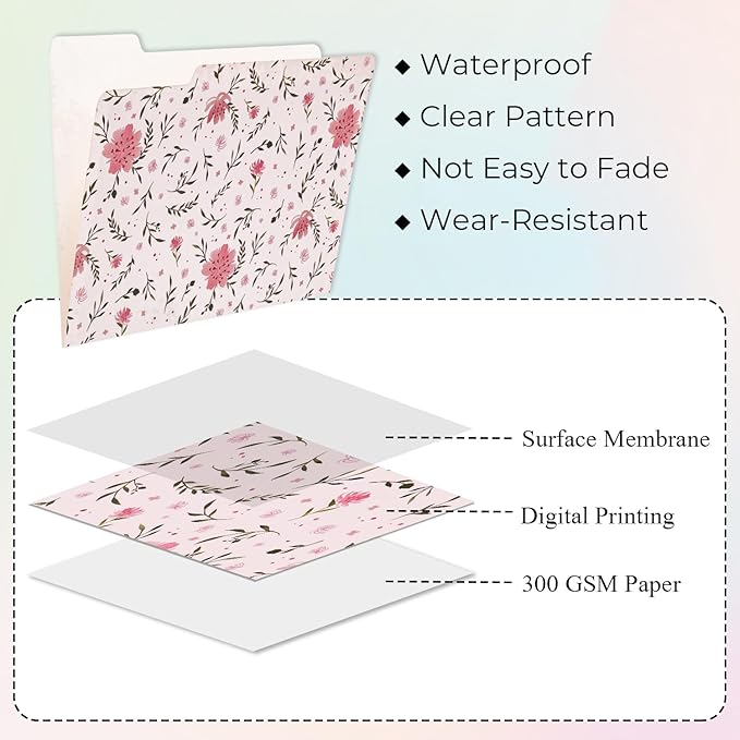 Y YOMA 12 Pack Decorative File Folders Letter Size File Folder with 1/3-Cut Tab Cute Pretty Colored Heavyweight Filing Folder File Organizers for Office School Home Desktop, Flower Design