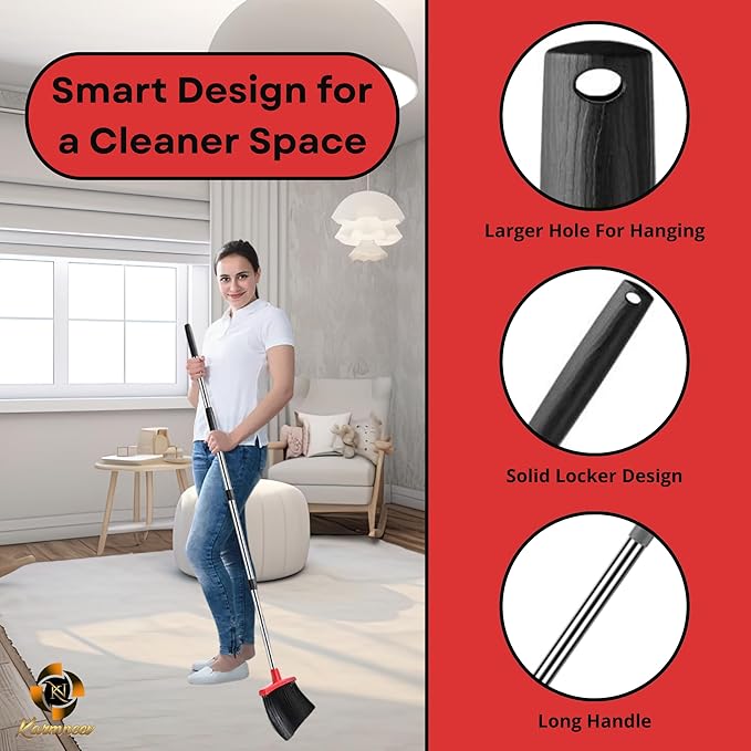 KARMNEEV Standing Broom and Dustpan Set, Built-in Scraper Teeth, No-Slip Grip, Dust Collection Tray for Home, Office, Lobby, and Outdoor, Adjustable Handle from 38.18" to 52" (Black and Red)