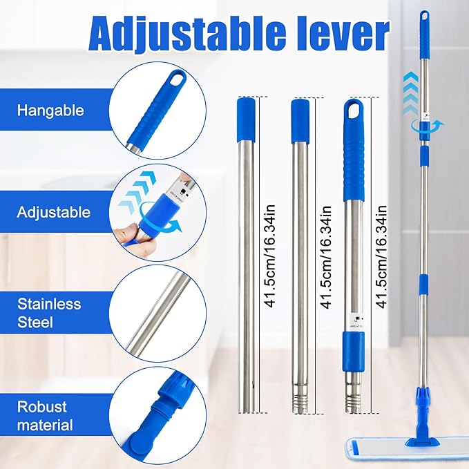 Flat Mop with Stainless Steel Handle, Handle Adjustable 3 Sections Splice Microfiber Mop Floor Cleaning 4 Pieces Mops Cloth Wet & Dry Pads Wet and Dust Mopping