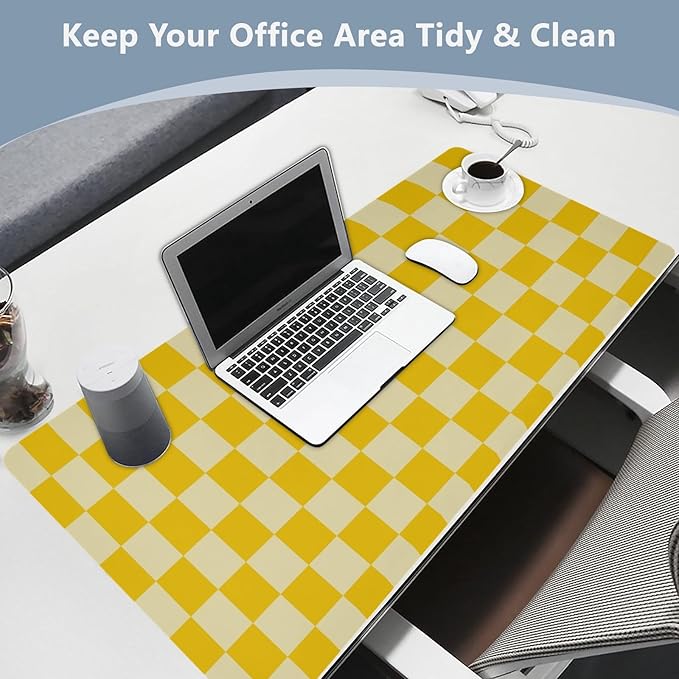 Mouse Pad Desk Mat Leather Desk Pad Large Gaming Desk Cover Protector Mat for Keyboard Computer Laptop Office Waterproof 35.4 x 16.5 Inch Checkered Yellow