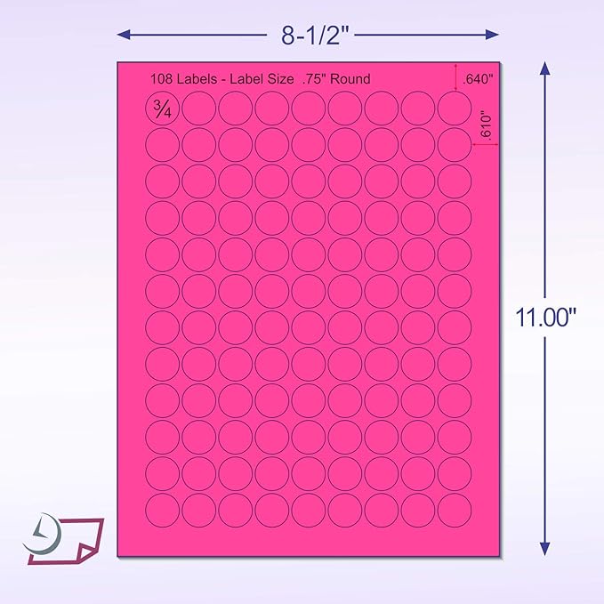 8-1/2 x 11" Neon Color High Light Fluorescent Labels for Laser & Inkjet Printer (Pink Fluorescent, 3/4" Round - 108 Per Page | 2700 Labels)
