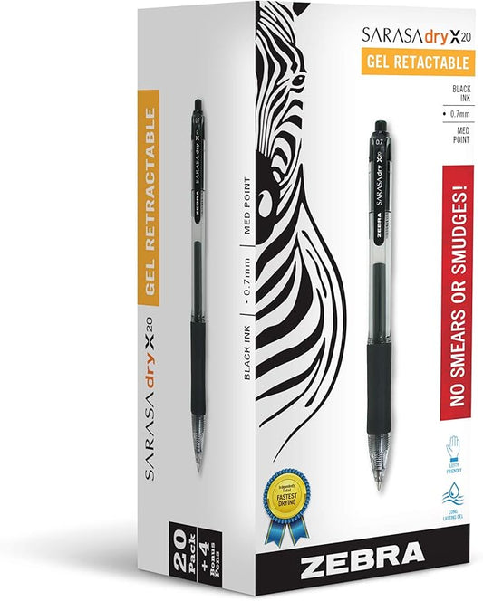 Zebra Pen Sarasa Dry X20 Retractable Gel Pens, 0.7mm Medium Point, Assorted Black/Blue/Red Ink Colors with Rapid Dry Ink Technology, Ideal for Office Supplies and School Supplies, 24-Pack (14680)