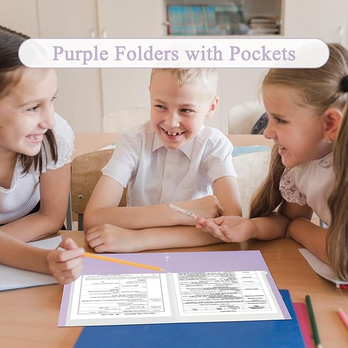 Zzrywuty File Folders with Pockets Letter Size, 25-Pack Paper Folders with Card Slot, Two Pocket Folders for School Students, Businessmen, Home and Office Workers（Purple）