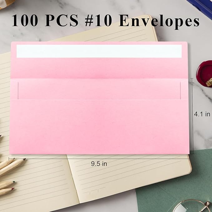 100 Pack Pink #10 Business Envelopes, Standard Envelopes Self Seal, 4 1/8 x 9 1/2 Inch Letter Size Business Mailing Envelopes for Checks Invoices Statements Baby Shower Wedding Birthday Graduation