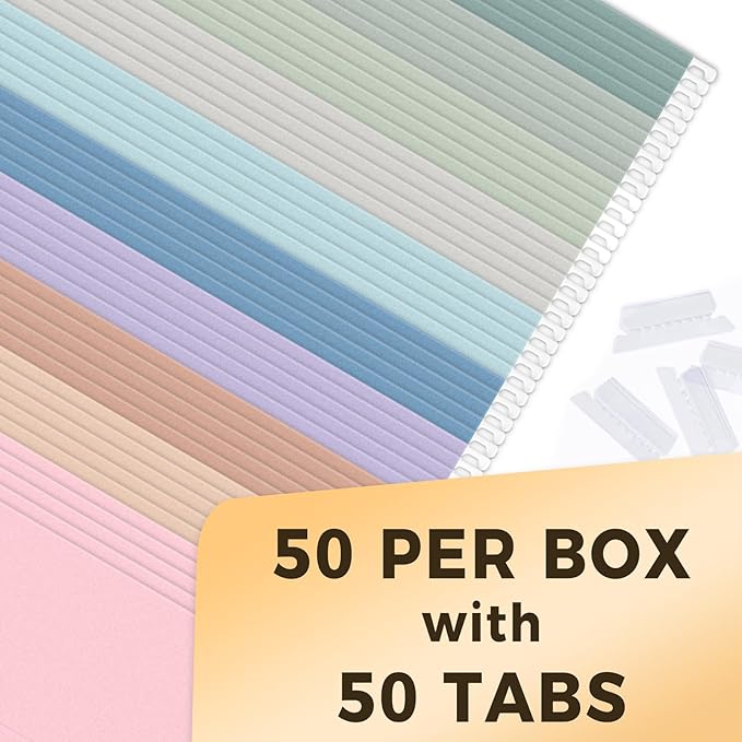 SUNEE Hanging File Folders, 50 Pack Letter Size Hanging File Folders with 1/5-cut Tabs, Stay Organized for Your Home and Office Bulk File, Documents and Paper, 10 Pastel Colors