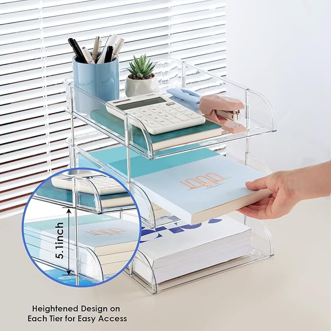 Noger Desk Organizers and Storage, 3 Tier Clear Heightened Desk Organizer, Stackable Paper Tray Organizer for Document, Letter, A4 File Paper, Desk Accessories, Office Supplies (Clear, 3 Pack)