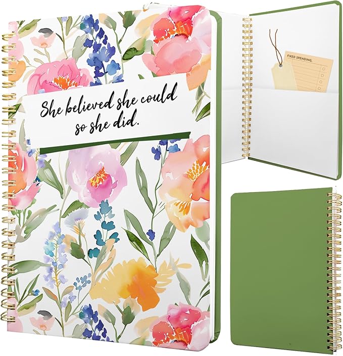 Cute Spiral Notebook journal A5 Aesthetic Pretty Floral Design for Women Girls Kawaii with Pocket, 8.5 x 5.7 inch, Flower