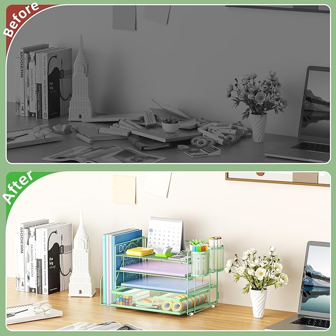 Marbrasse Desk Organizer and Accessories，4-Tier Paper Letter Tray Organizer with File Holder, Desk Accessories & Workspace Organizers with Drawer and 2 Pen Holder (Green, 15.4" x 9.1" x 8.3")
