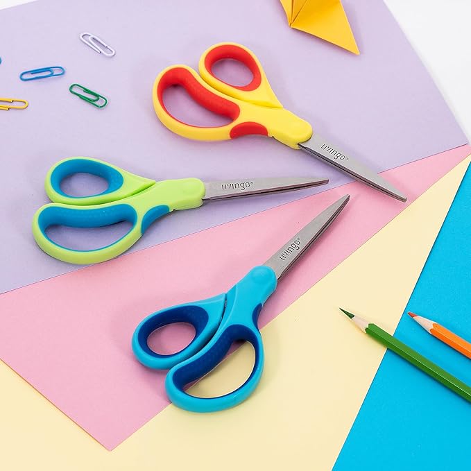 LIVINGO Student Scissors for School: 7 Inch 3 Pack Sharp Pointed Tip Teacher Scissors for Kids Middle High School College Classroom Craft, Comfortable Grip, Right Left Handed, Blue, Green, Yellow