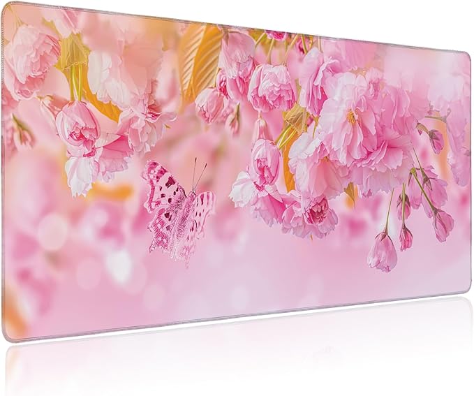 Large Mouse Pad Cherry Blossom Butterfly Extended Gaming Mouse Pad Non-Slip Desk Mat with Stitched Edge Laptop Computer Keyboard Mousepad for Office Home 35.4" x 15.7"