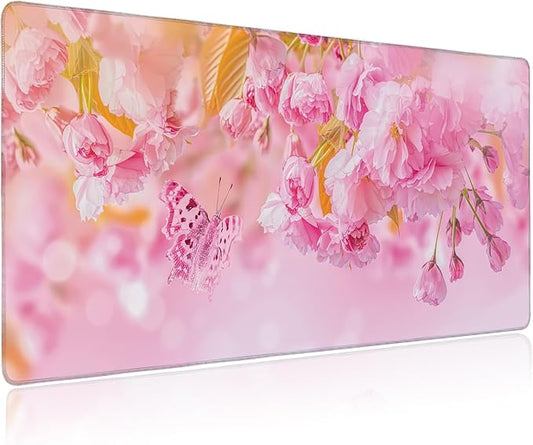 Large Mouse Pad Cherry Blossom Butterfly Extended Gaming Mouse Pad Non-Slip Desk Mat with Stitched Edge Laptop Computer Keyboard Mousepad for Office Home 35.4" x 15.7"