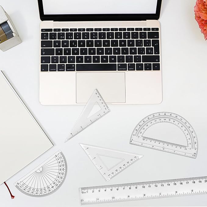Plastic Clear Ruler Math Set, 2 Protractors 180 Degree 2 Triangle Rulers 45 | 60 Degree 2 Straight Rulers 5.9" | 11.8" Long, Drafting Ruler Geometry Ruler Measuring Tool for School Office Home Supplie