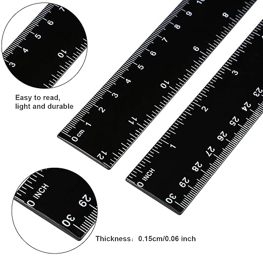 eBoot 2 Pieces Plastic Ruler Straight Ruler 12 Inch Black Plastic Rulers Measuring Tool for School, Home, or Office