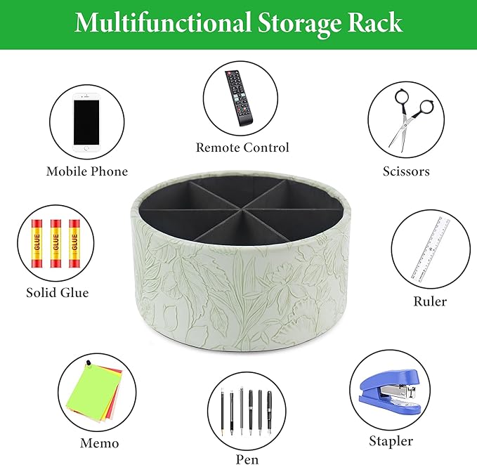 Hennaja Remote Control Holder, 360°Spinning PU Leather Desk TV Remote Caddy,Desk Storage Box Room Accessories for Controller, Media,Mail,Calculator, Mobile Phone,Pencil(1-Carved Green1)