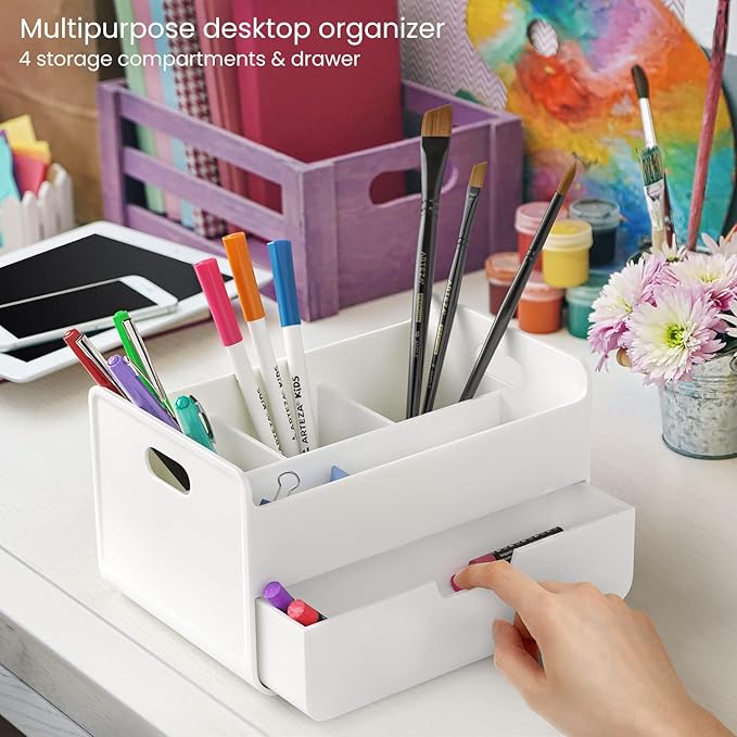 ARTEZA Small Desk Organizer with Drawer – Portable White Caddy with Pen Holder, Lightweight Office Supply Storage for Desk, Classroom, or Dorm