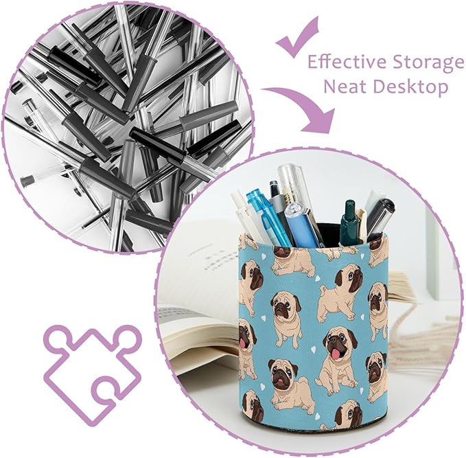 Pen Holder, Pugs Puppies Dog Pencil Holder for Desk Makeup Organizer Multifunctional Office Supplies for Home,Kids and School
