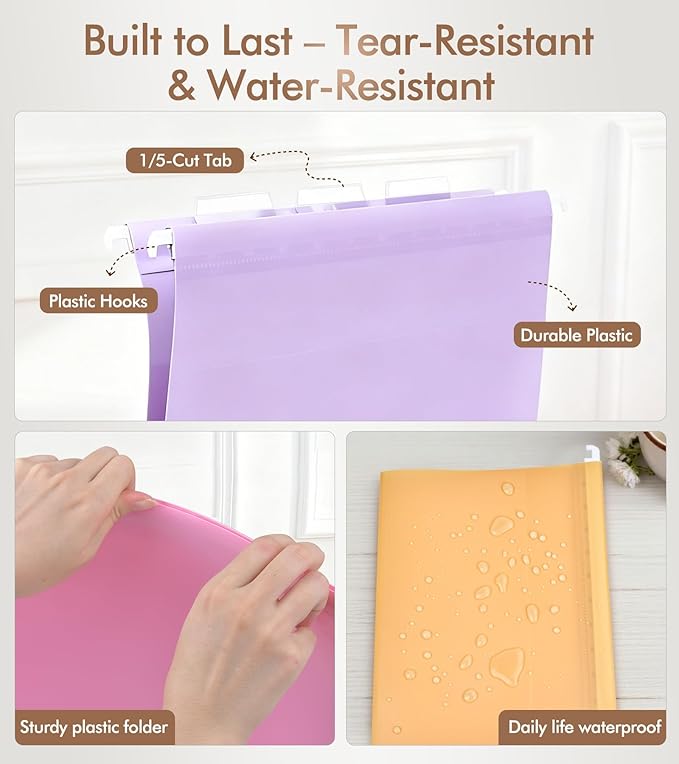 Plastic Hanging File Folders, 15 Pack Letter Size – Waterproof, Tear-Resistant, Pastel Colors with Expandable Bottom & 1/5-Cut Tabs for Filing Cabinets & Office Organization(A)