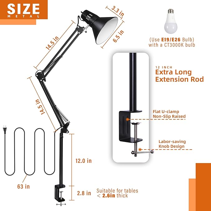 Desk Lamp for Home Office Eye-Caring Metal Extra Tall Swing Arm High Intensity Clamp Flexible Gooseneck w/A19 E26 LED Bulb Side Table Working Reading Architect Computer Workbench Puzzle Warm Light