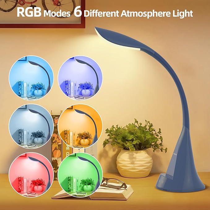 LED Desk Lamp with USB Charging Port, Dimmable Reading Light Touch Control and Eye Protection, Adjustable Brightness Table Lamp for Home Office Bedroom (Blue)