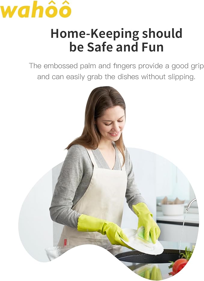 wahoo 3 Pairs Skin-Friendly Cleaning Gloves, Cotton Flocked Lined Dishwashing Gloves, Reusable, Non-Slip, Waterproof, Bud Tender, Medium