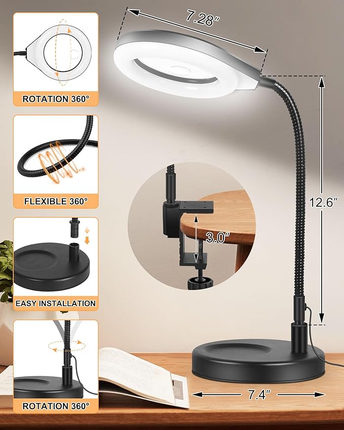Flexible Gooseneck 2-in-1 Magnifying Glass with Light and Stand,10x & 5x Real Glass Lens Magnifying Lamp, 5 Color Stepless Hands-Free LED Desk Lamp with Clamp for Painting, Crafts, Reading (White)