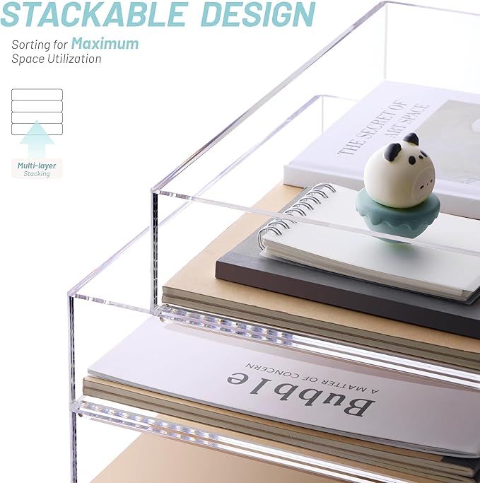 SANRUI Acrylic Stackable Letter Tray Clear Desk Paper Organizer 4-Tier Desk File Organizer Paper Sorter Holder Document Shelf Tray for Letter/A4,4-Pack