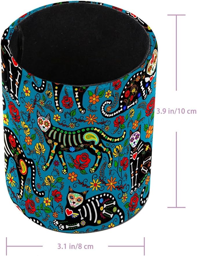 Round Creative Pen Holder |Sugar Skull Black Cats Desktop Storage Organizer|Gadget Stationery Storage Box|Office Leather Organizer