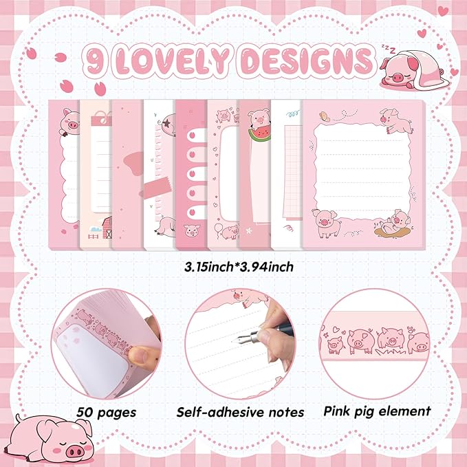 Sabary 9 Pads Cute Sticky Notes Animal Sticky Note Pads 3.15 x 3.94 Inches Colored Adhesive Memo Reminder Decor for Journal School Office Gifts (Pink Pig)