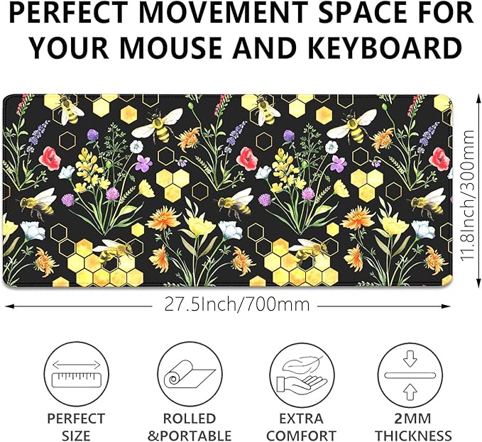 Bees and Honeycombs Mouse Pad,XL Large Wildflowers Mousepad Desk Pad with Stitched Edges,Non-Slip Waterproof Rubber Base Mouse Mat Desk Mat for Office Computer Keyboard Laptop Home(27.5x11.8 in)