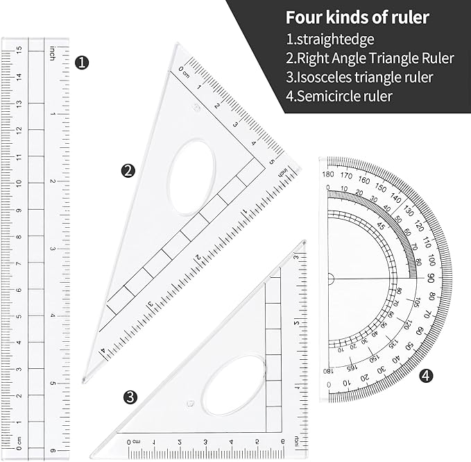 Math Geometry Kit Sets 10 Piece Student Supplies with Shatterproof Storage Box,Includes Rulers,Protractor,Compass,Eraser,Pencil Sharpener,Lead Refills,Pencil,for Drafting and Drawings（Black）