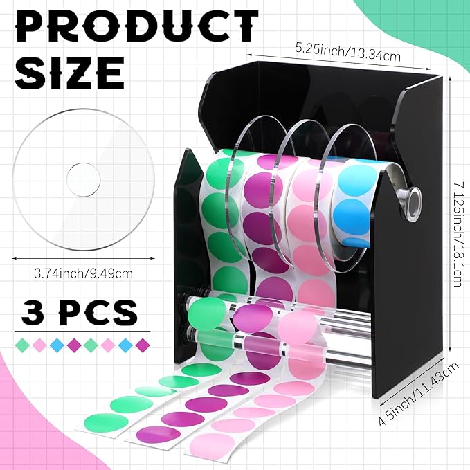 Geosar Adjustable Label Dispenser 4 Disks Sticker Roll Holder Sticker Dispenser Black Label Roll Holder Acrylic Sticker Holder Organizer Desk Tape Dispenser Label Stand for Office Home Desktop
