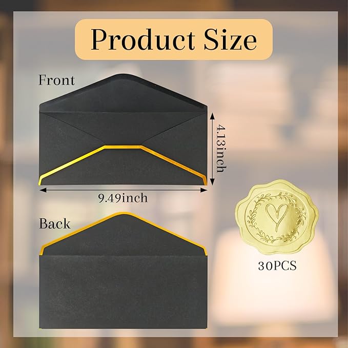30 Pack #10 Business Envelopes with Gold Border and Stickers, 9.49x4.13 Inch Self Seal Standard Envelopes for Office, Letters, Checks, Invoices, Documents (Black)